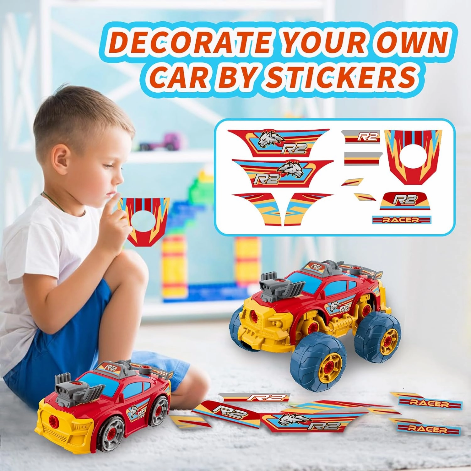 Pup Go 3-in-1 Take Apart Car for Boys with Electric Drill, 46Pcs Construction Toy Truck, Build Your Own Toy Car with Play Tools, Ideal STEM Gift for Kids Children Ages 3 4 5 6 7 8 9 Year Old Red
