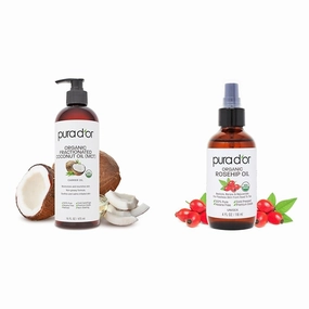 PURA D'OR 16 Oz Fractionated Coconut Oil, 4 Oz Rosehip Seed Oil - Organic Oils for Skin, Hair & Face