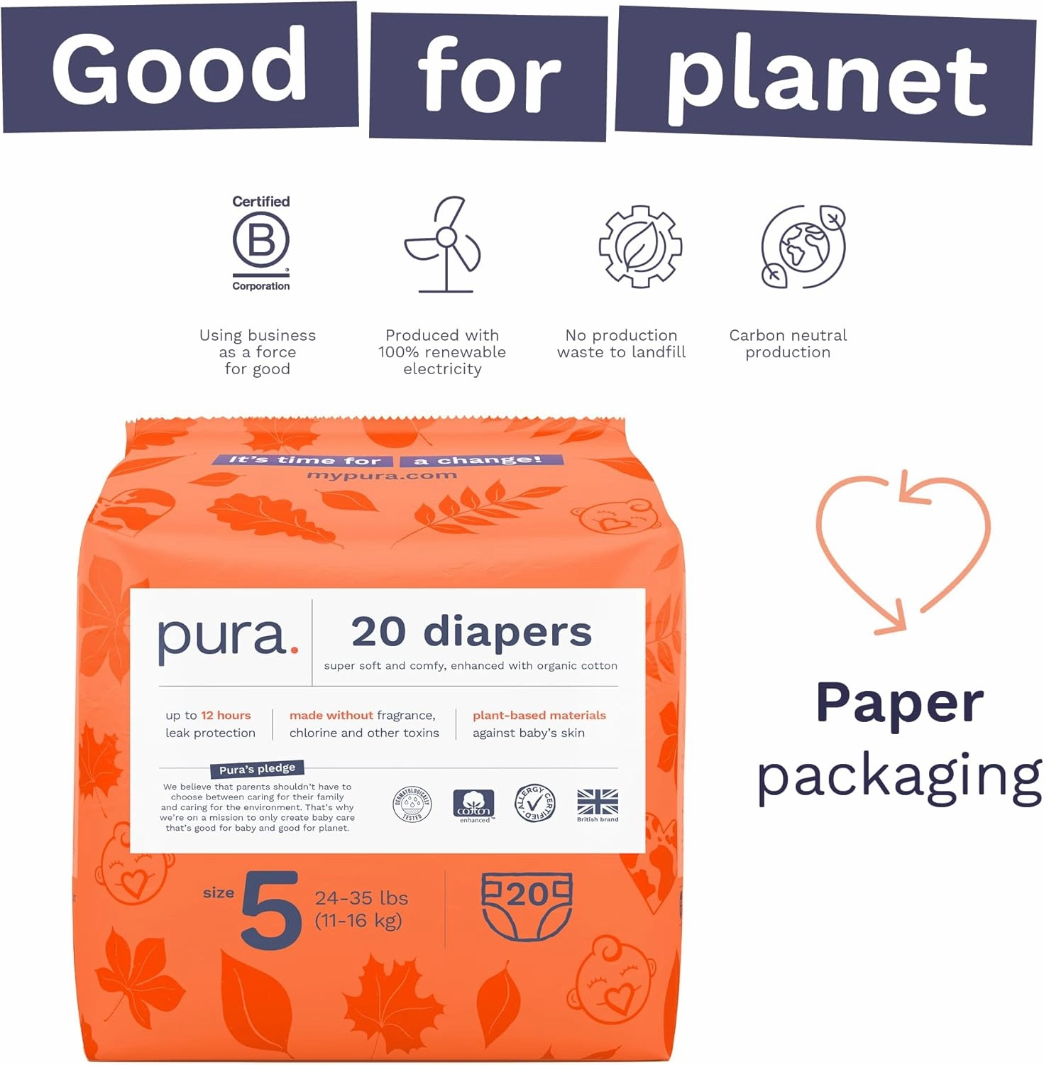 Pura Size 5 Eco-Friendly Diapers (24-35 lbs) Totally Chlorine Free (TCF), Hypoallergenic, Soft Organic Cotton, Sustainable, up to 12 Hours Leak Protection, Allergy UK, 6 Packs of 20 (120 Diapers)
