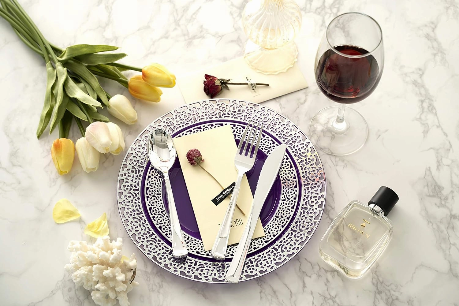 Purple Silver Plastic Plates and Silverware - 125 Piece Disposable Premium Plastic Dinnerware Set – Reusable Party Dinner Plates, Forks, Spoons, Knives – Birthday Parties, Wedding, Christmas