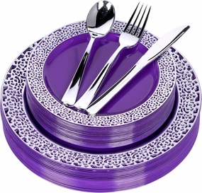 Purple Silver Plastic Plates and Silverware - 125 Piece Disposable Premium Plastic Dinnerware Set – Reusable Party Dinner Plates, Forks, Spoons, Knives – Birthday Parties, Wedding, Christmas