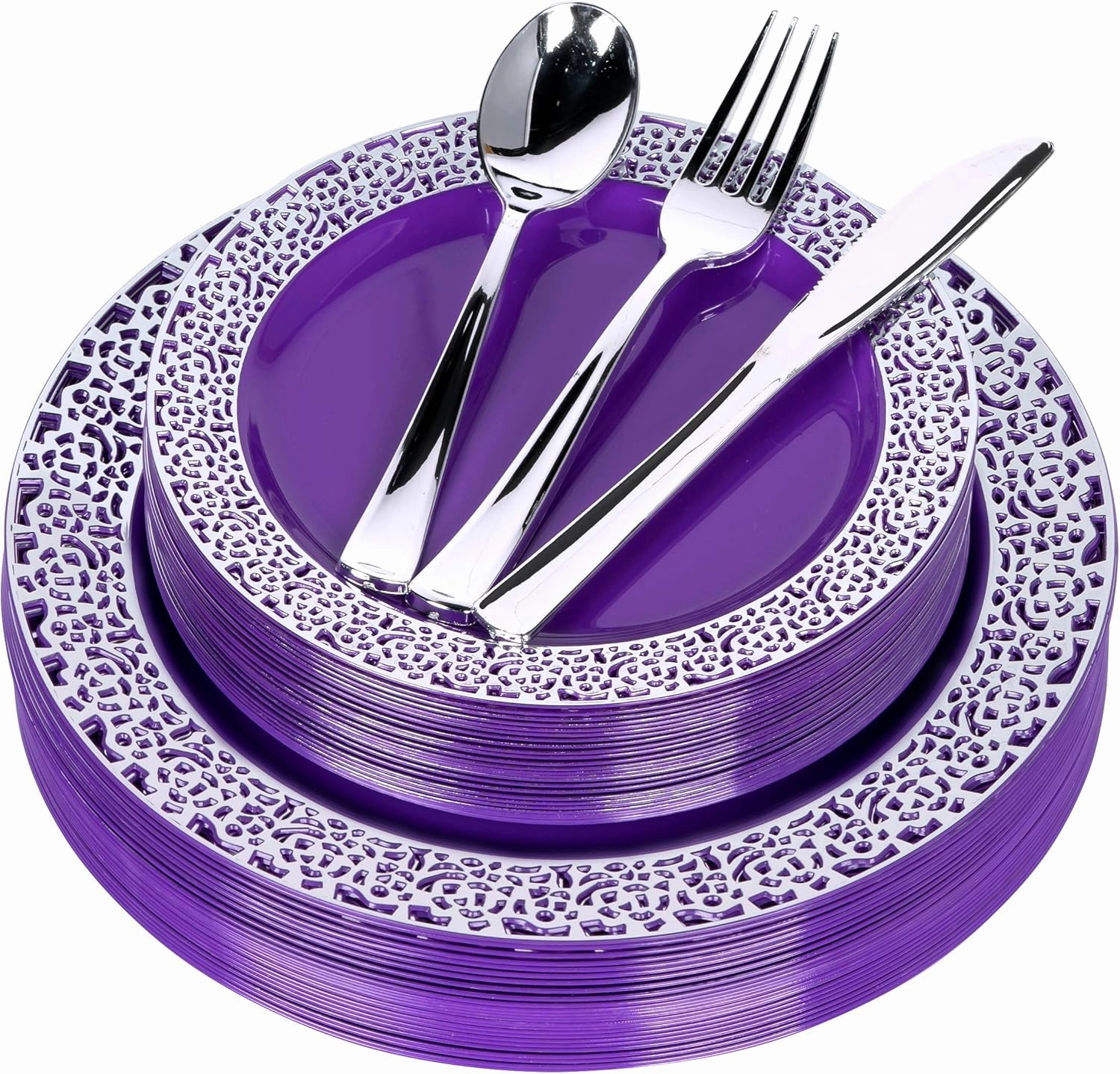 Purple Silver Plastic Plates and Silverware - 125 Piece Disposable Premium Plastic Dinnerware Set – Reusable Party Dinner Plates, Forks, Spoons, Knives – Birthday Parties, Wedding, Christmas