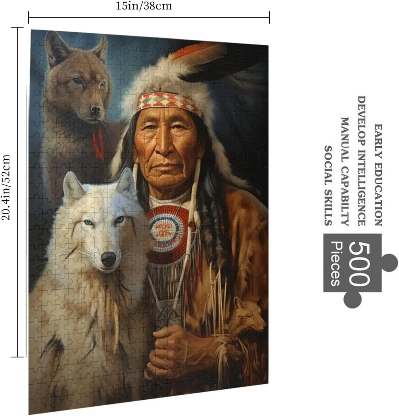 Puzzles for adults 500 pieces jigsaw puzzles Sitting Wolf Dog Native American Indian Traditional Tent Formation wooden DIY Families Toys Entertainment Gift for Home Decoration 20.4 x 14.9 in