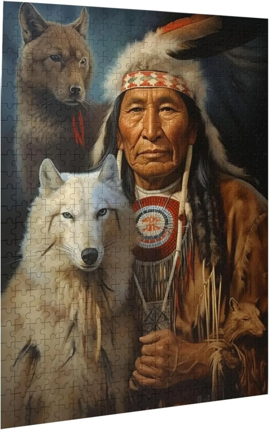 Puzzles for adults 500 pieces jigsaw puzzles Sitting Wolf Dog Native American Indian Traditional Tent Formation wooden DIY Families Toys Entertainment Gift for Home Decoration 20.4 x 14.9 in