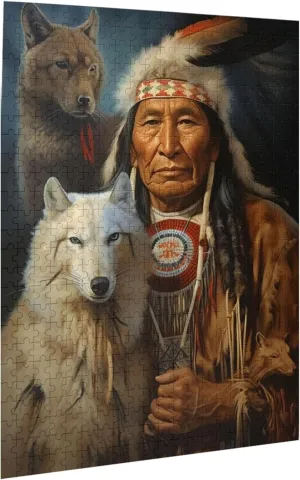 Puzzles for adults 500 pieces jigsaw puzzles Sitting Wolf Dog Native American Indian Traditional Tent Formation wooden DIY Families Toys Entertainment Gift for Home Decoration 20.4 x 14.9 in