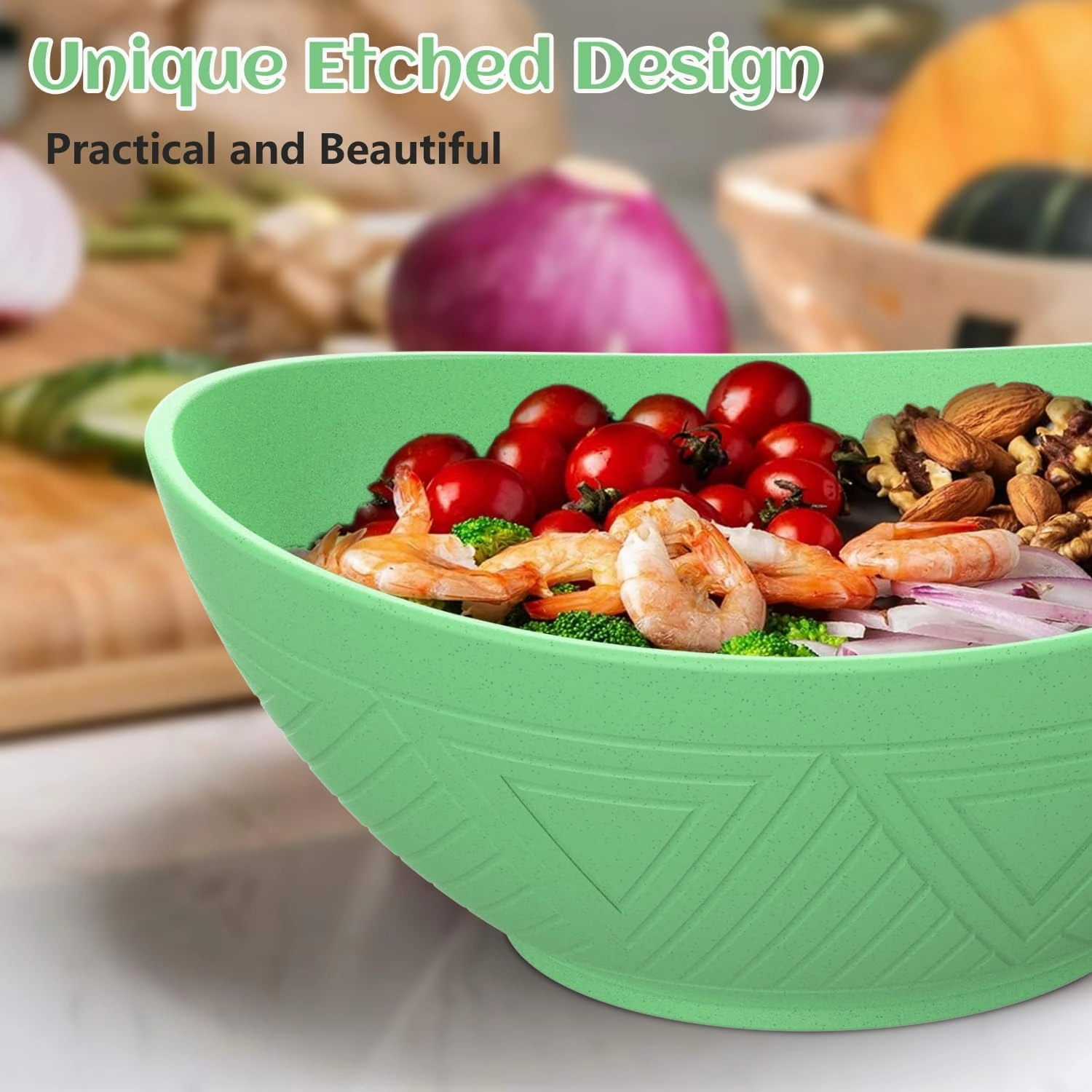 PYRMONT Large Wheat Straw Bowls Set of 6-65 OZ - Unbreakable Salad & Soup Bowls - Coastal, Dishwasher Safe