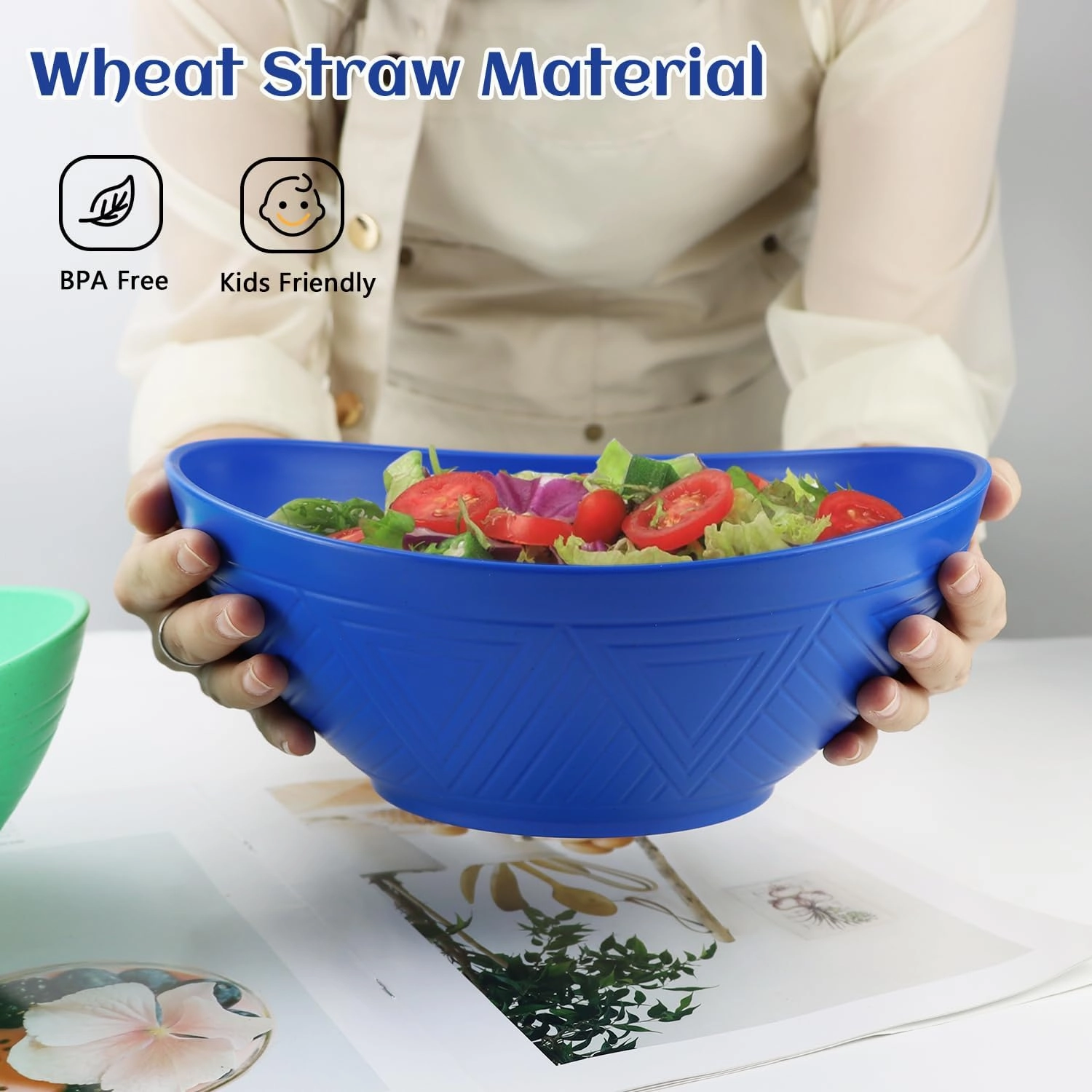 PYRMONT Large Wheat Straw Bowls Set of 6-65 OZ - Unbreakable Salad & Soup Bowls - Coastal, Dishwasher Safe