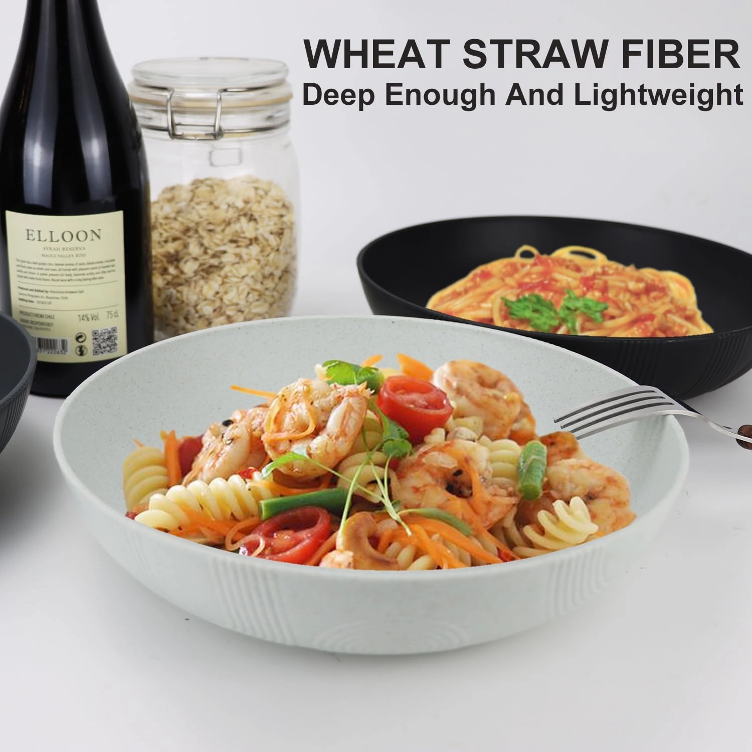 PYRMONT Wheat Straw Salad Bowls - 65oz Large Pasta Bowls - 10 Inches Serving Bowl Set of 6 - Wide and Shallow Bowl for Kitchen - Dishwasher Safe - Black to Grey