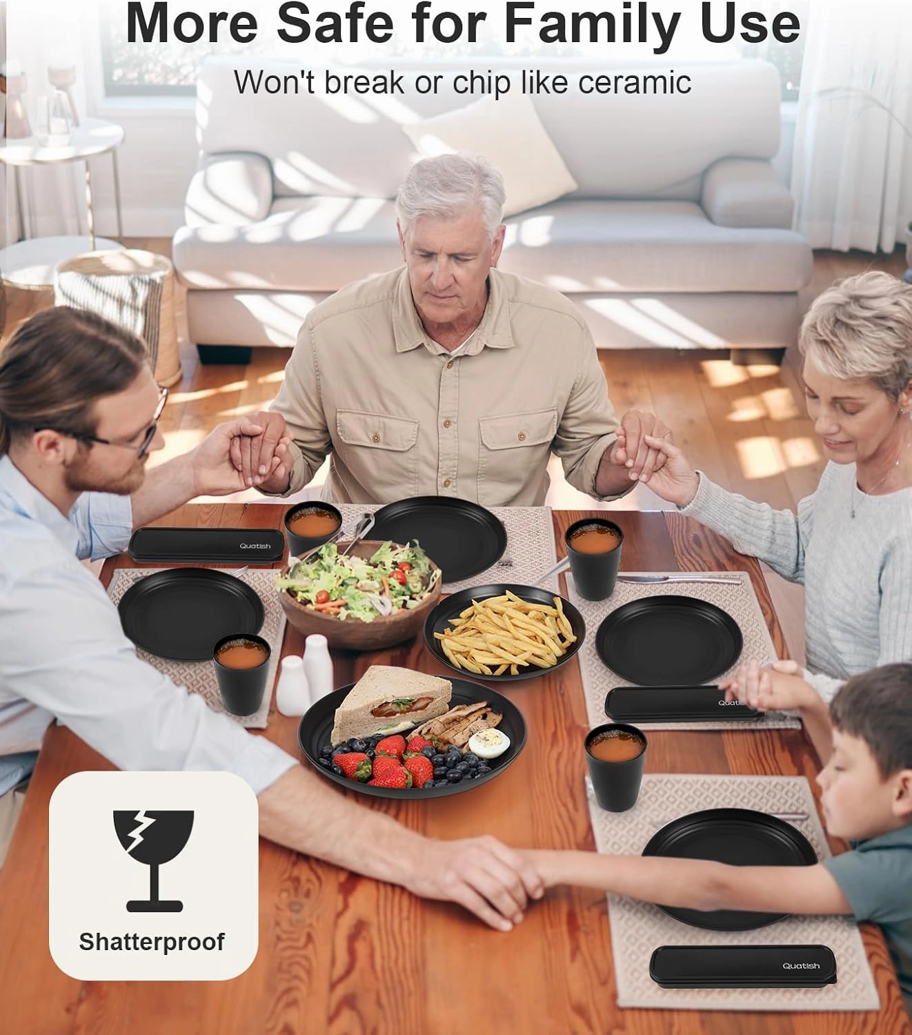 Quatish 24 Piece Plates and Bowls Sets of 6, Unbreakable Wheat Straw Dinnerware Sets, Plastic Dish Set for Camping, Dishwasher Microwave Safe, Outdoor Kitchen and Apartment Dinning Essentials, Black