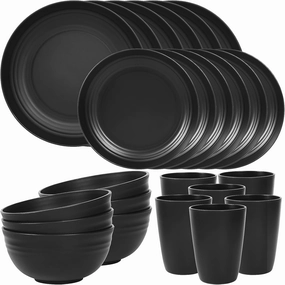 Quatish 24 Piece Plates and Bowls Sets of 6, Unbreakable Wheat Straw Dinnerware Sets, Plastic Dish Set for Camping, Dishwasher Microwave Safe, Outdoor Kitchen and Apartment Dinning Essentials, Black