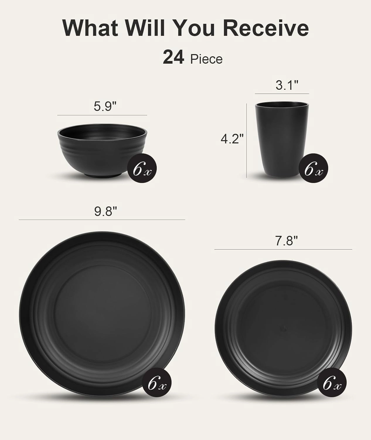 Quatish 24 Piece Plates and Bowls Sets of 6, Unbreakable Wheat Straw Dinnerware Sets, Plastic Dish Set for Camping, Dishwasher Microwave Safe, Outdoor Kitchen and Apartment Dinning Essentials, Black