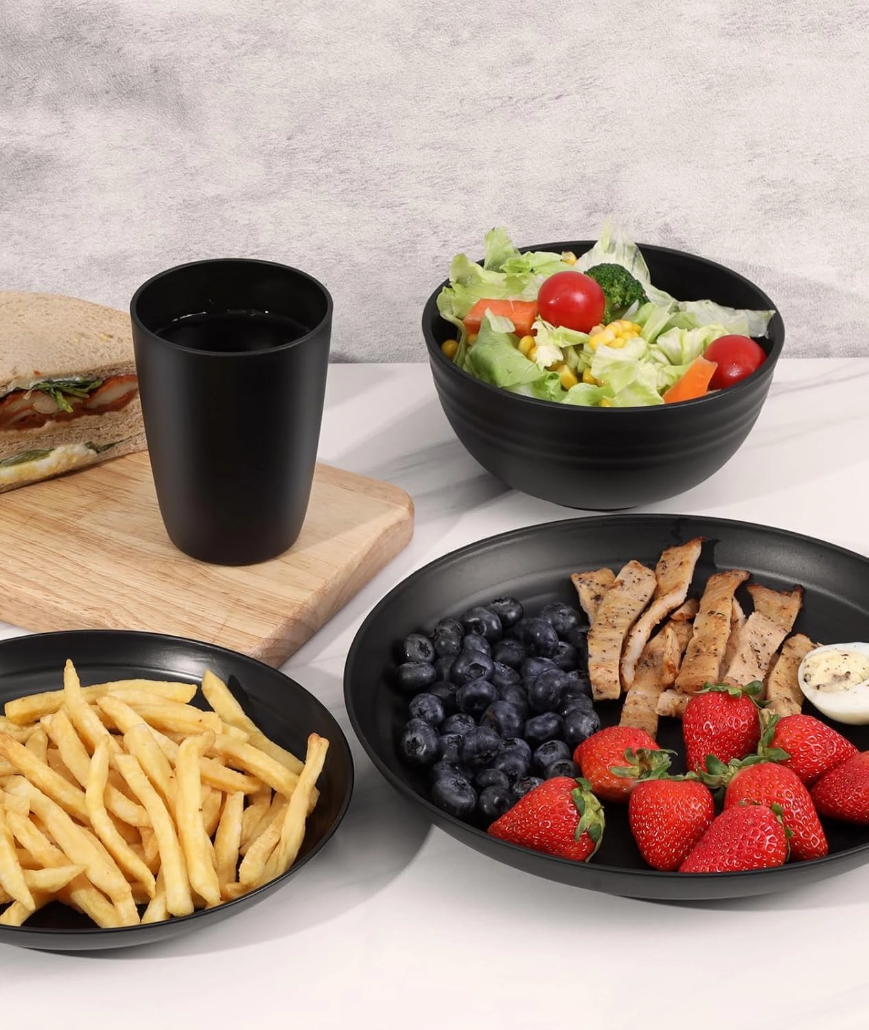 Quatish 24 Piece Plates and Bowls Sets of 6, Unbreakable Wheat Straw Dinnerware Sets, Plastic Dish Set for Camping, Dishwasher Microwave Safe, Outdoor Kitchen and Apartment Dinning Essentials, Black