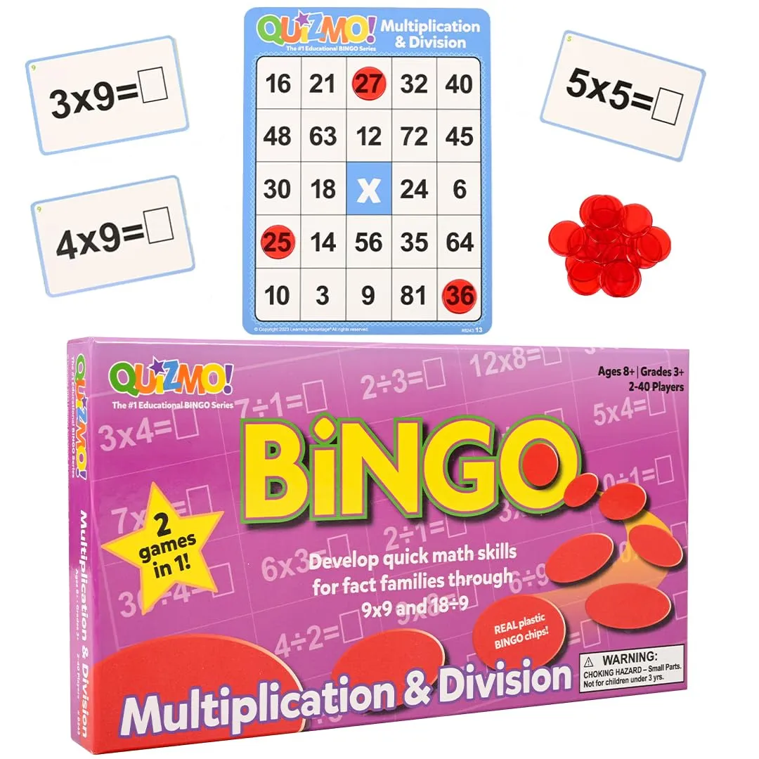 QUIZMO Multiplication & Division - Bingo Style Math Game - 2 Game Modes for Ages 8  - Teach Basic Mathematics