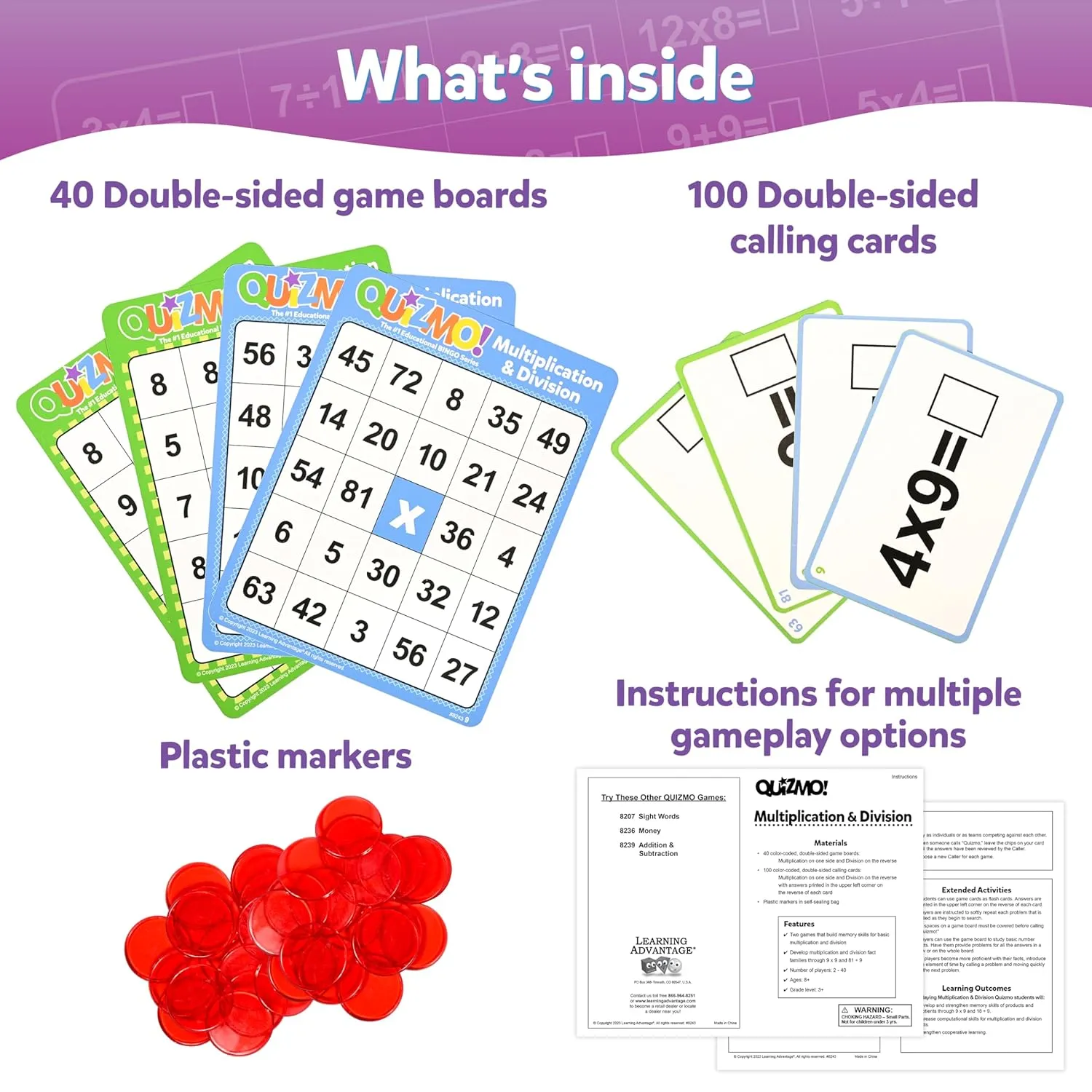 QUIZMO Multiplication & Division - Bingo Style Math Game - 2 Game Modes for Ages 8  - Teach Basic Mathematics