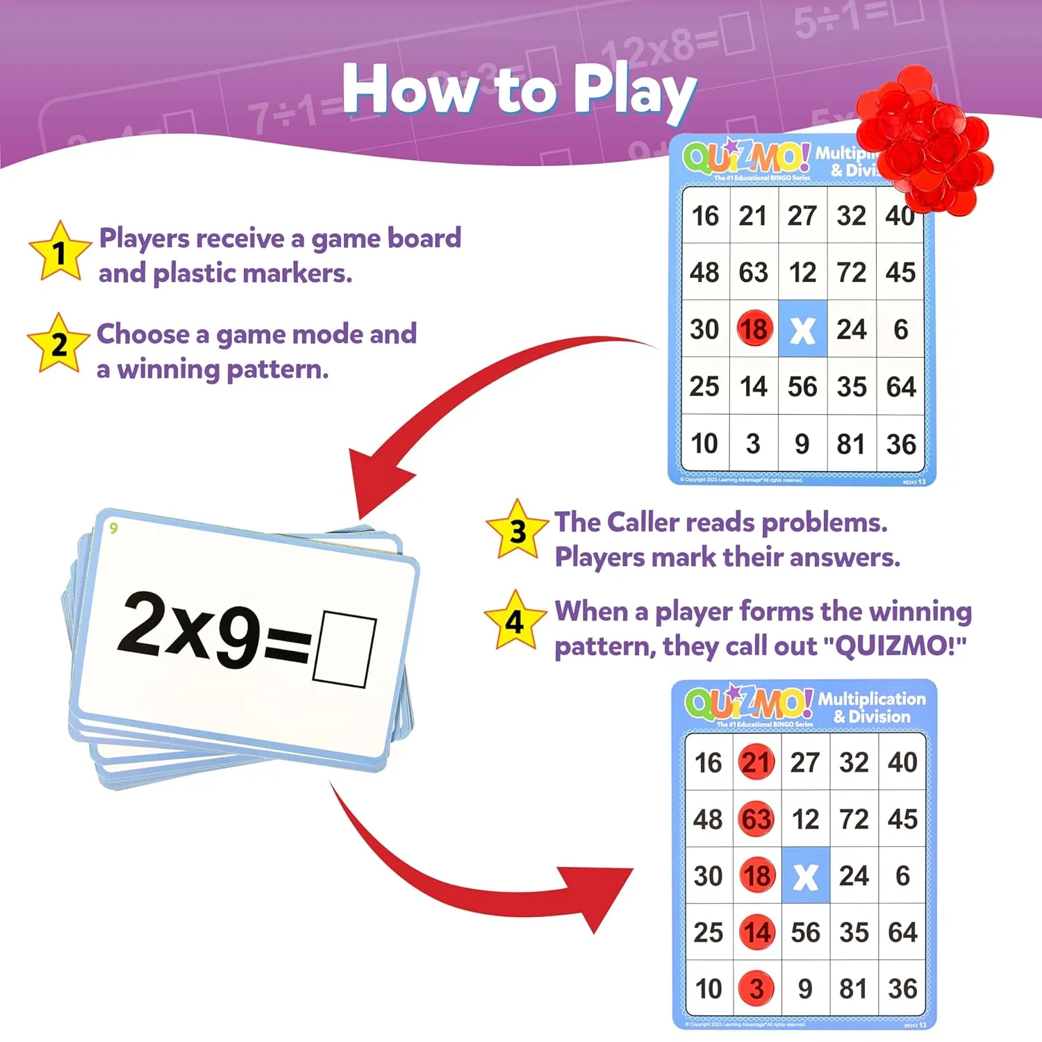 QUIZMO Multiplication & Division - Bingo Style Math Game - 2 Game Modes for Ages 8  - Teach Basic Mathematics
