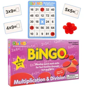 QUIZMO Multiplication & Division - Bingo Style Math Game - 2 Game Modes for Ages 8  - Teach Basic Mathematics