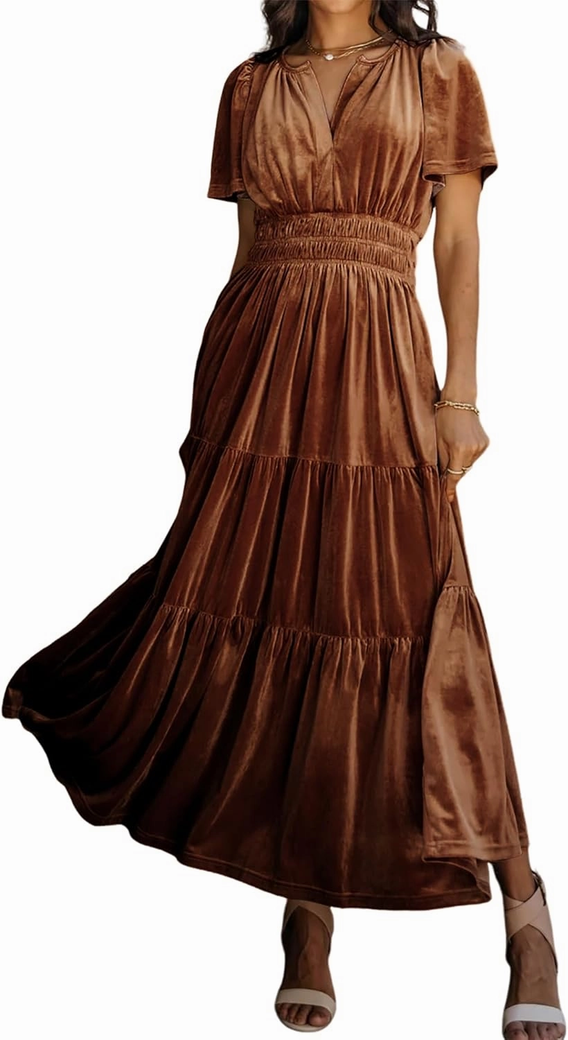 R.Vivimos Women's Fall Winter Vintage Velvet Dress Short Sleeve V Neck Elastic Waist Tiered Ruffle A-Line Flowy Maxi Dress