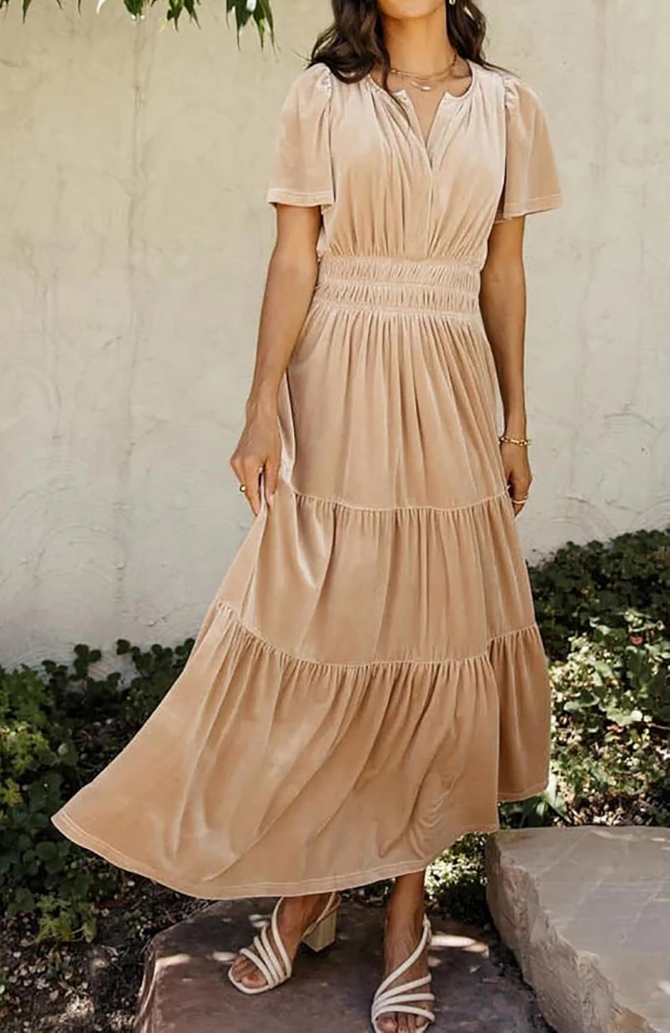 R.Vivimos Women's Fall Winter Vintage Velvet Dress Short Sleeve V Neck Elastic Waist Tiered Ruffle A-Line Flowy Maxi Dress