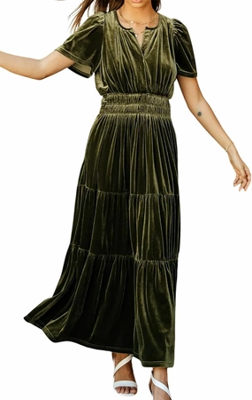 R.Vivimos Women's Fall Winter Vintage Velvet Dress Short Sleeve V Neck Elastic Waist Tiered Ruffle A-Line Flowy Maxi Dress