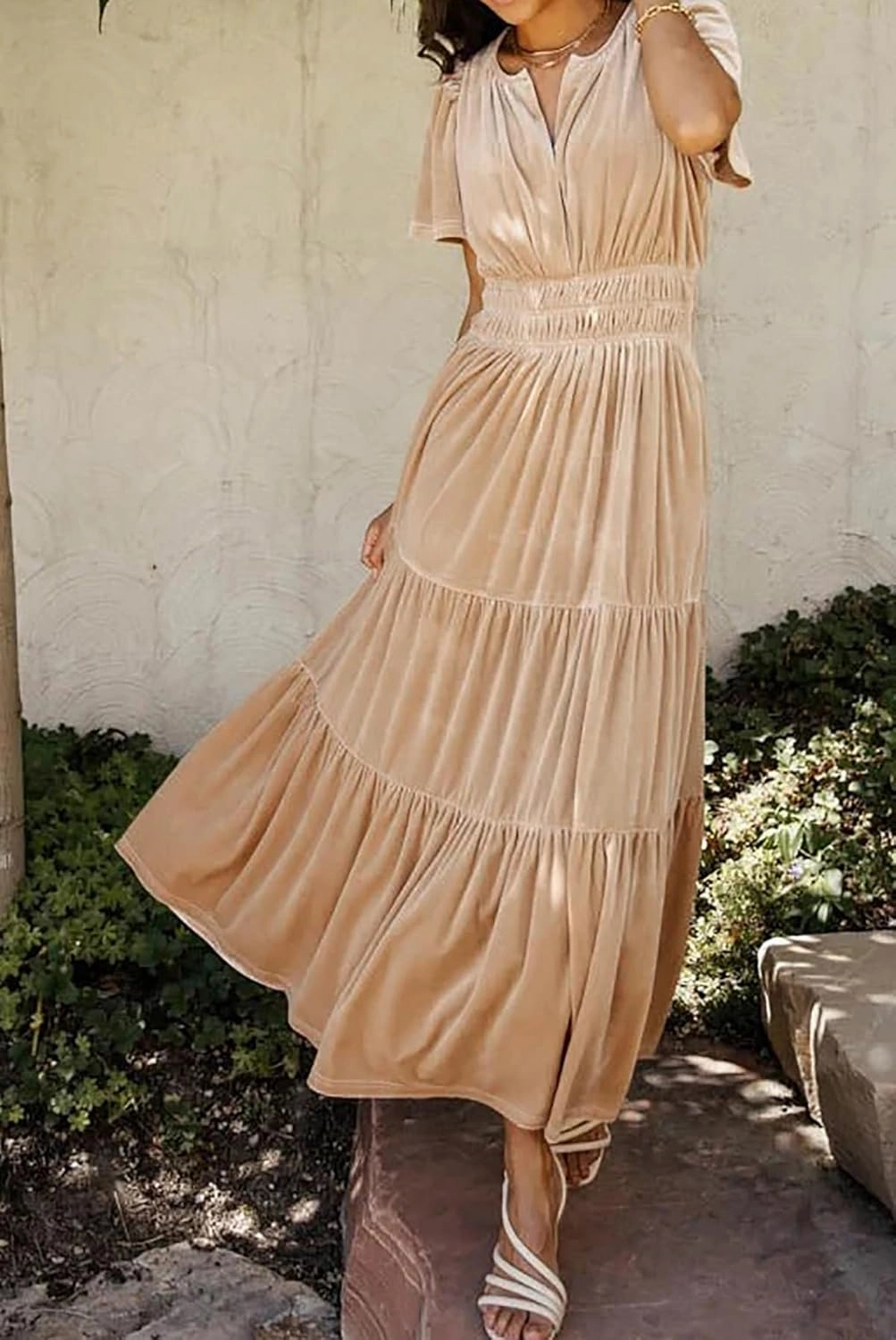 R.Vivimos Women's Fall Winter Vintage Velvet Dress Short Sleeve V Neck Elastic Waist Tiered Ruffle A-Line Flowy Maxi Dress