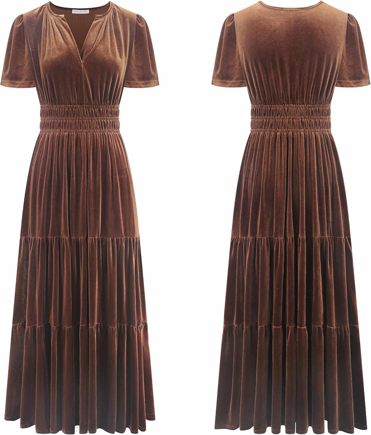 R.Vivimos Women's Fall Winter Vintage Velvet Dress Short Sleeve V Neck Elastic Waist Tiered Ruffle A-Line Flowy Maxi Dress