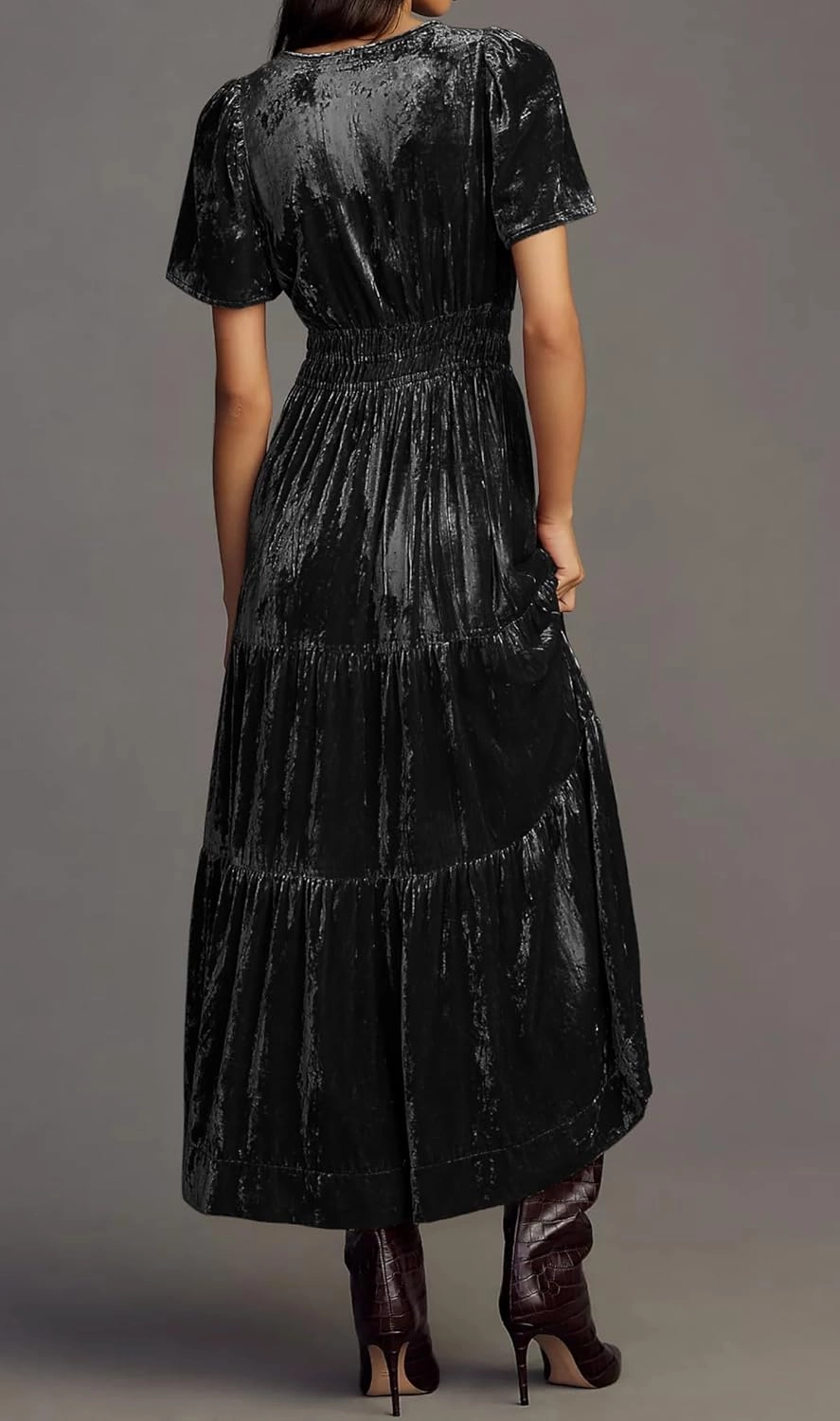 R.Vivimos Women's Fall Winter Vintage Velvet Dress Short Sleeve V Neck Elastic Waist Tiered Ruffle A-Line Flowy Maxi Dress