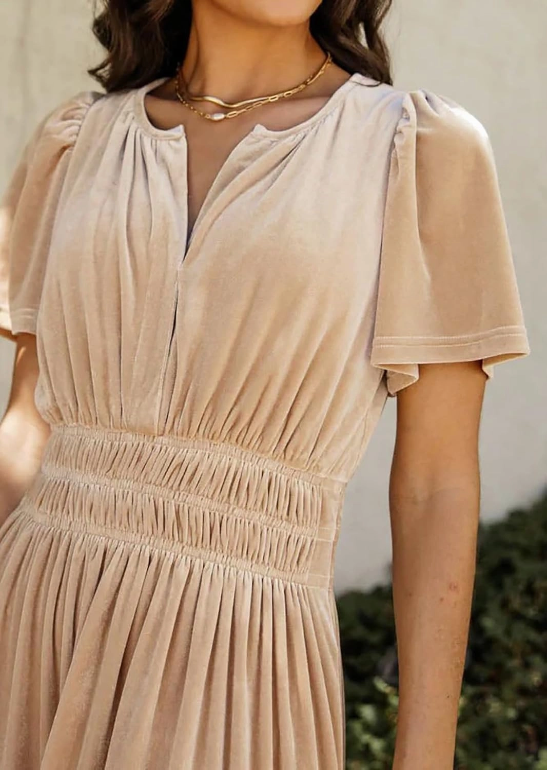R.Vivimos Women's Fall Winter Vintage Velvet Dress Short Sleeve V Neck Elastic Waist Tiered Ruffle A-Line Flowy Maxi Dress