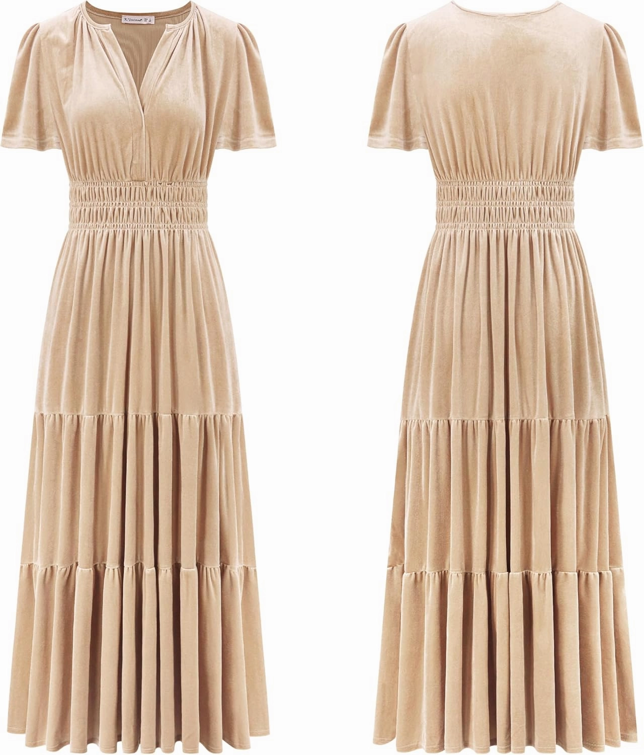 R.Vivimos Women's Fall Winter Vintage Velvet Dress Short Sleeve V Neck Elastic Waist Tiered Ruffle A-Line Flowy Maxi Dress