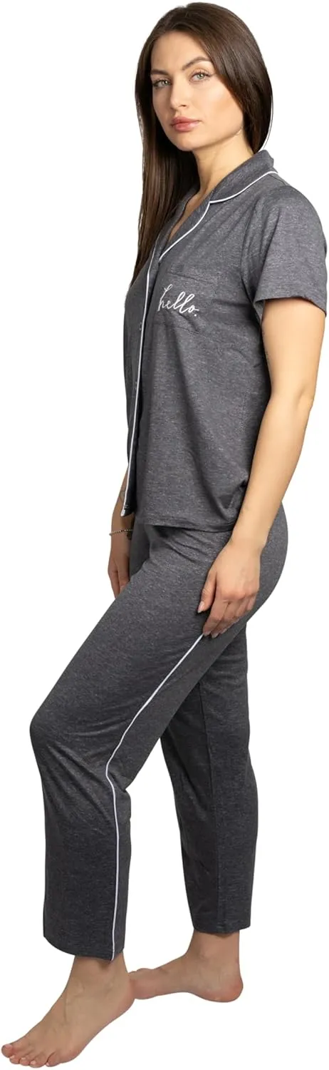 Rae Dunn Women's 2 Piece Short Sleeve Notch Collar Top and Pants Pajama Set Recycled Fabric