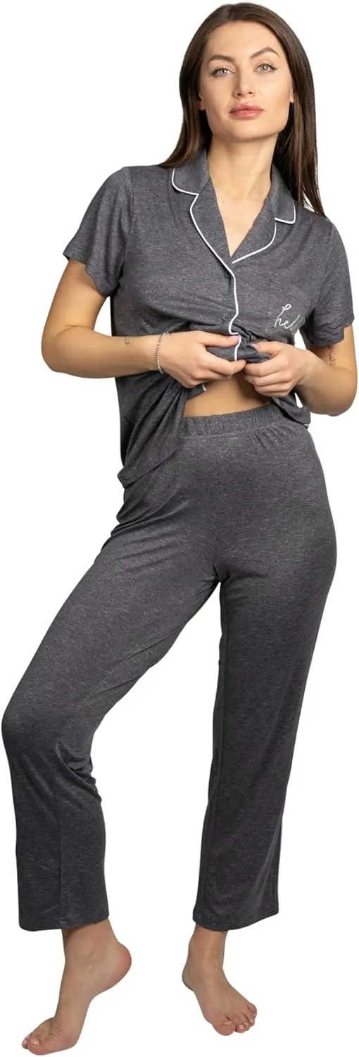 Rae Dunn Women's 2 Piece Short Sleeve Notch Collar Top and Pants Pajama Set Recycled Fabric