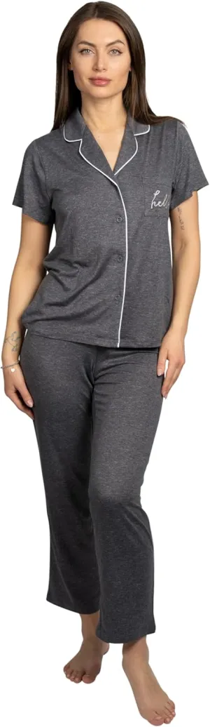 Rae Dunn Women's 2 Piece Short Sleeve Notch Collar Top and Pants Pajama Set Recycled Fabric