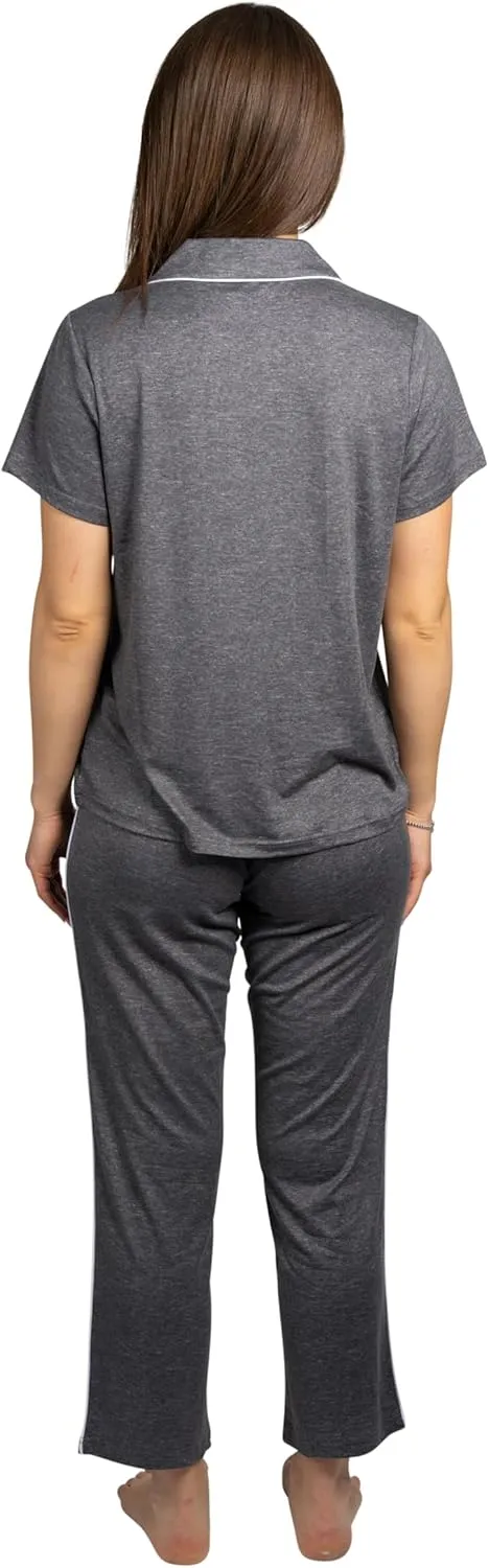 Rae Dunn Women's 2 Piece Short Sleeve Notch Collar Top and Pants Pajama Set Recycled Fabric
