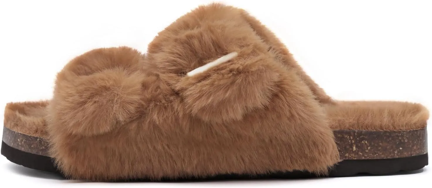 Rainlin Women's Fuzzy Slippers Comfy Cork Footbed Fluffy Slides Open Toe Indoor Outdoor House Shoes with Arch Support