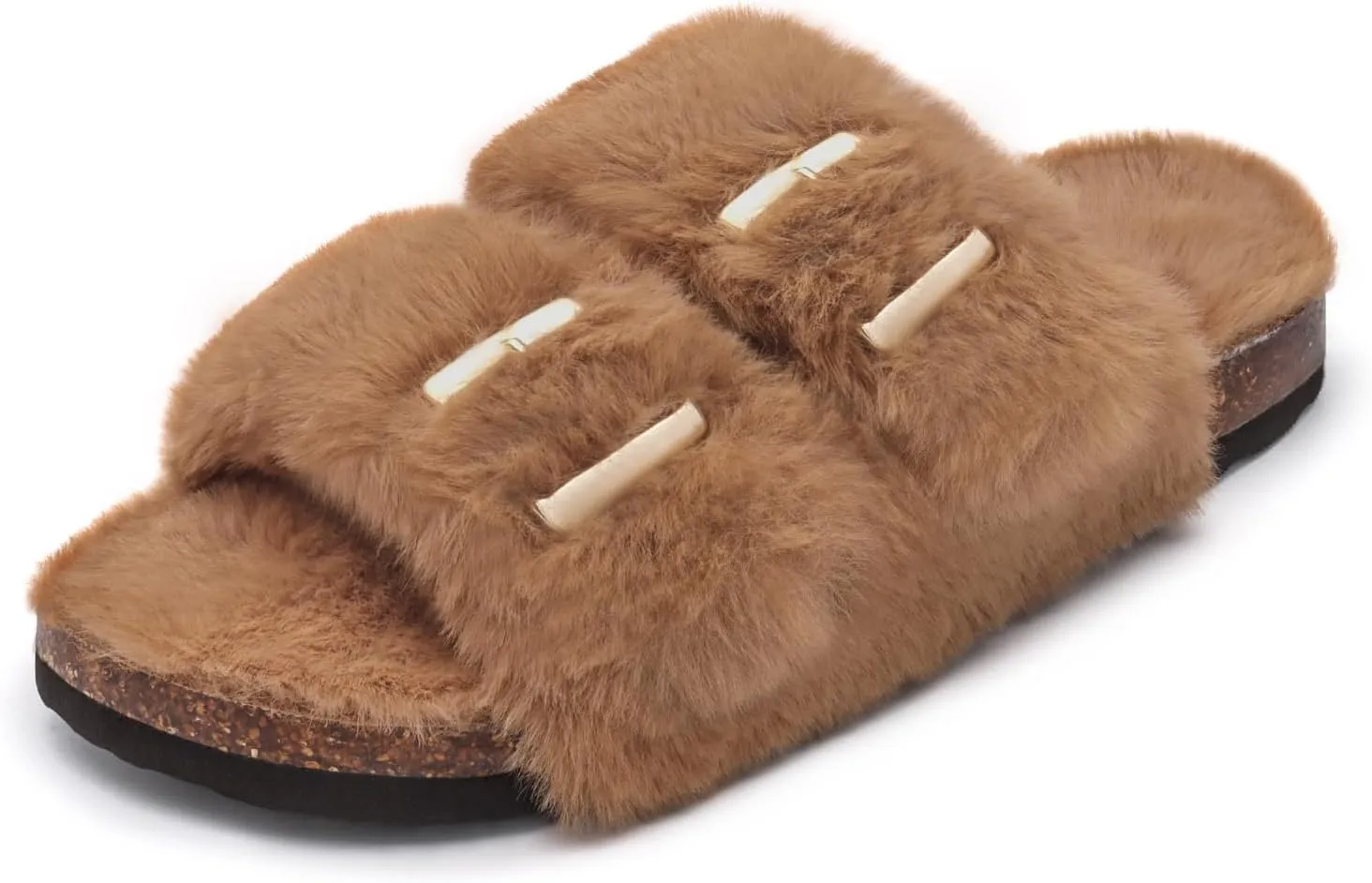 Rainlin Women's Fuzzy Slippers Comfy Cork Footbed Fluffy Slides Open Toe Indoor Outdoor House Shoes with Arch Support
