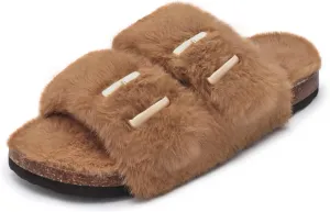 Rainlin Women's Fuzzy Slippers Comfy Cork Footbed Fluffy Slides Open Toe Indoor Outdoor House Shoes with Arch Support