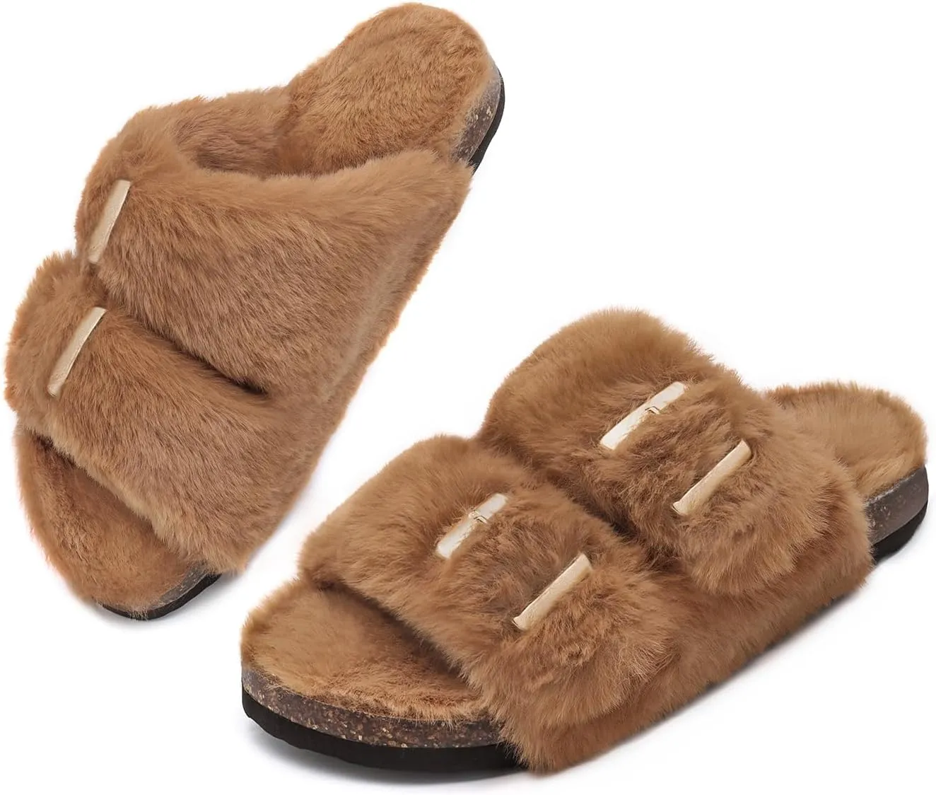 Rainlin Women's Fuzzy Slippers Comfy Cork Footbed Fluffy Slides Open Toe Indoor Outdoor House Shoes with Arch Support