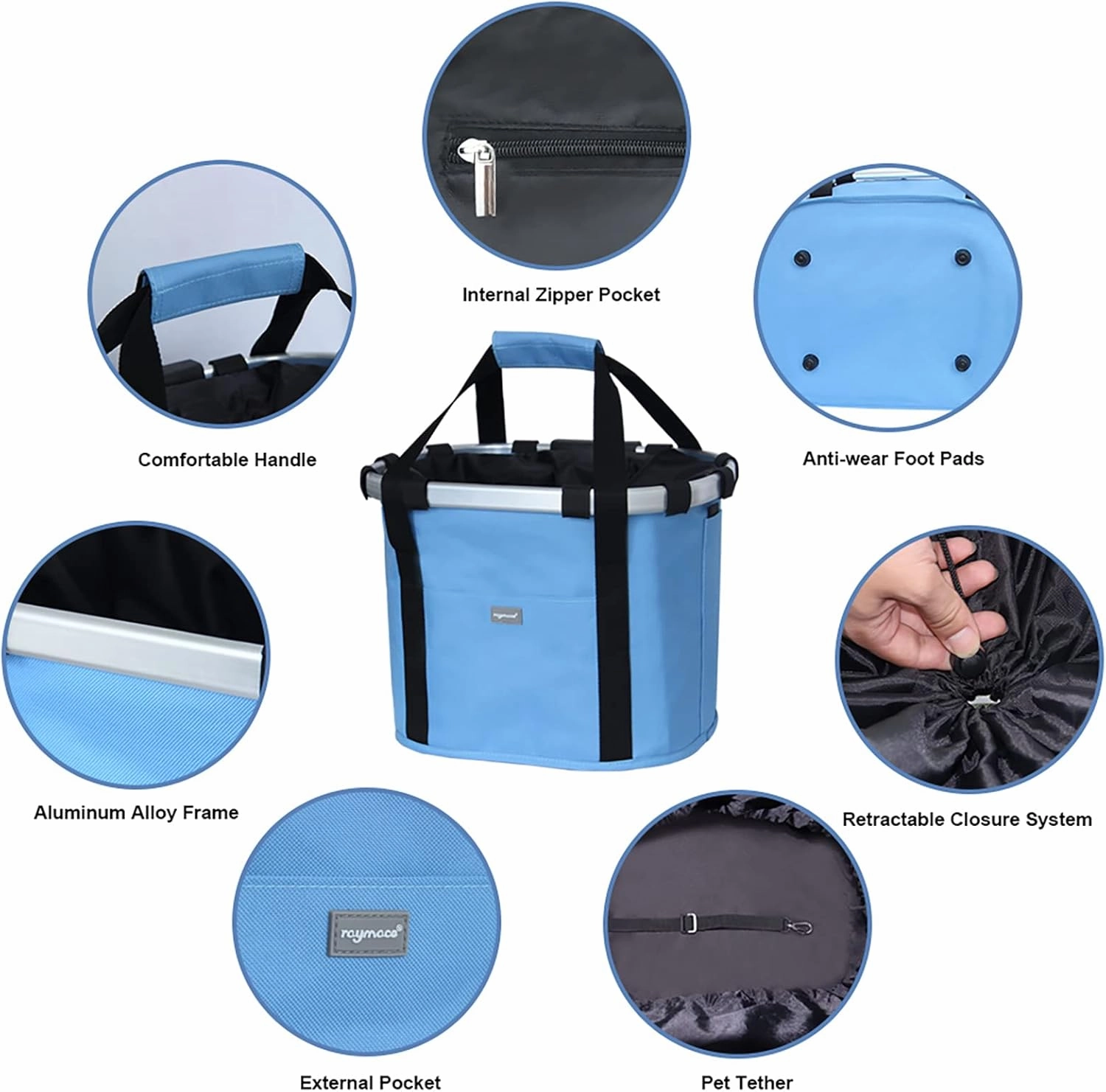 RAYMACE Bicycle Basket Dog Bike Handlebar Basket Front,Folding Detachable Quick Release Easy Install,Cycling Picnic Bag