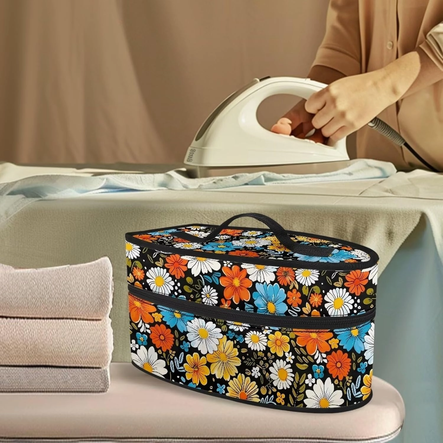 Rchsmod Hippie Daisy Print Steam Iron Case 80s 90s Groovy Design Iron Storage Holder Travel Steamer Bag with Handle Protective Garment Iron Organizer Carrier Bag, Case Only