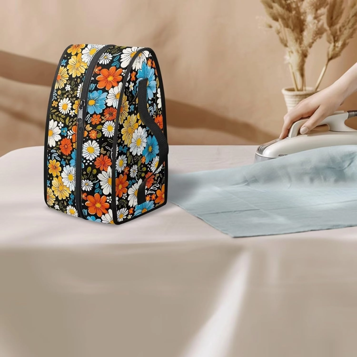 Rchsmod Hippie Daisy Print Steam Iron Case 80s 90s Groovy Design Iron Storage Holder Travel Steamer Bag with Handle Protective Garment Iron Organizer Carrier Bag, Case Only
