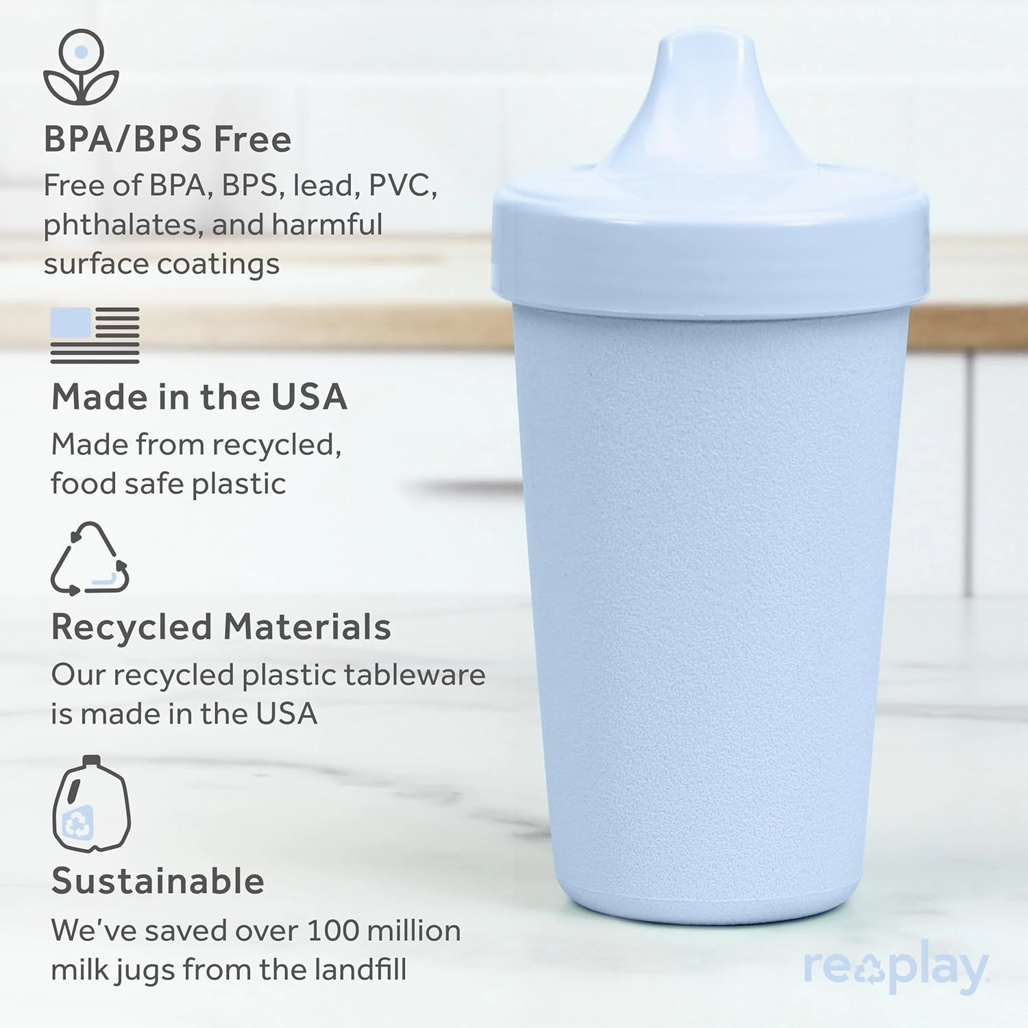 Re-Play Sippy Cups for Toddlers - 10 Oz. Reusable Spill Proof Cups for Kids, Dishwasher/Microwave Safe - Made in USA - Set of 3-3.13" x 6.25" - Beach Baby