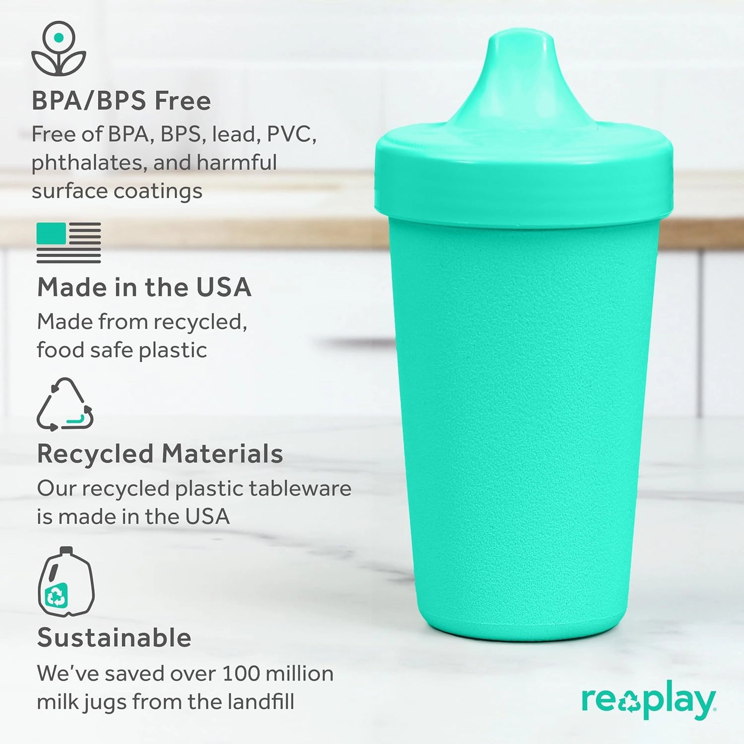 Re-Play Sippy Cups for Toddlers - 10 Oz. Reusable Spill Proof Cups for Kids, Dishwasher/Microwave Safe - Made in USA - Set of 4-3.13" x 6.25" - True Blue