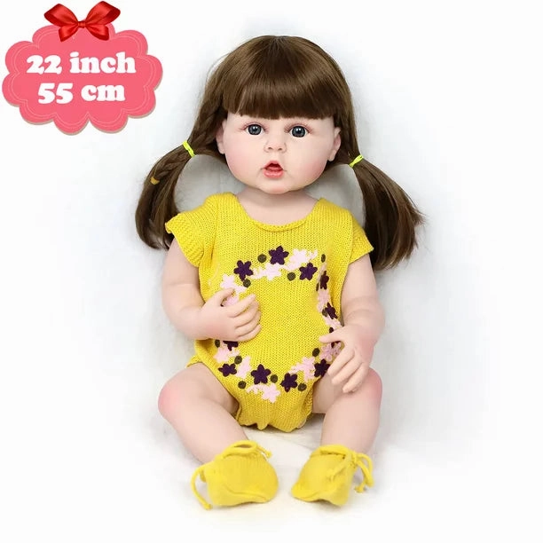 Reborn Baby Girl Dolls, 22 inch/55cm Realistic Soft Lifelike Full Body Reborn Toddler Girl Dolls with Yellow Sweater, for Ages 3 