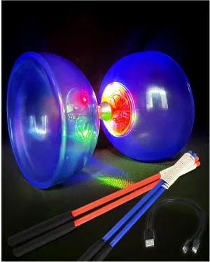Rechargeable LED Diabolo, Translucent and Impact-Resistant Material, Triple Bearing Design for Smooth Spins, Includes Plastic Hand Sticks & Extra String, Perfect for Beginners and Performers (Blue)