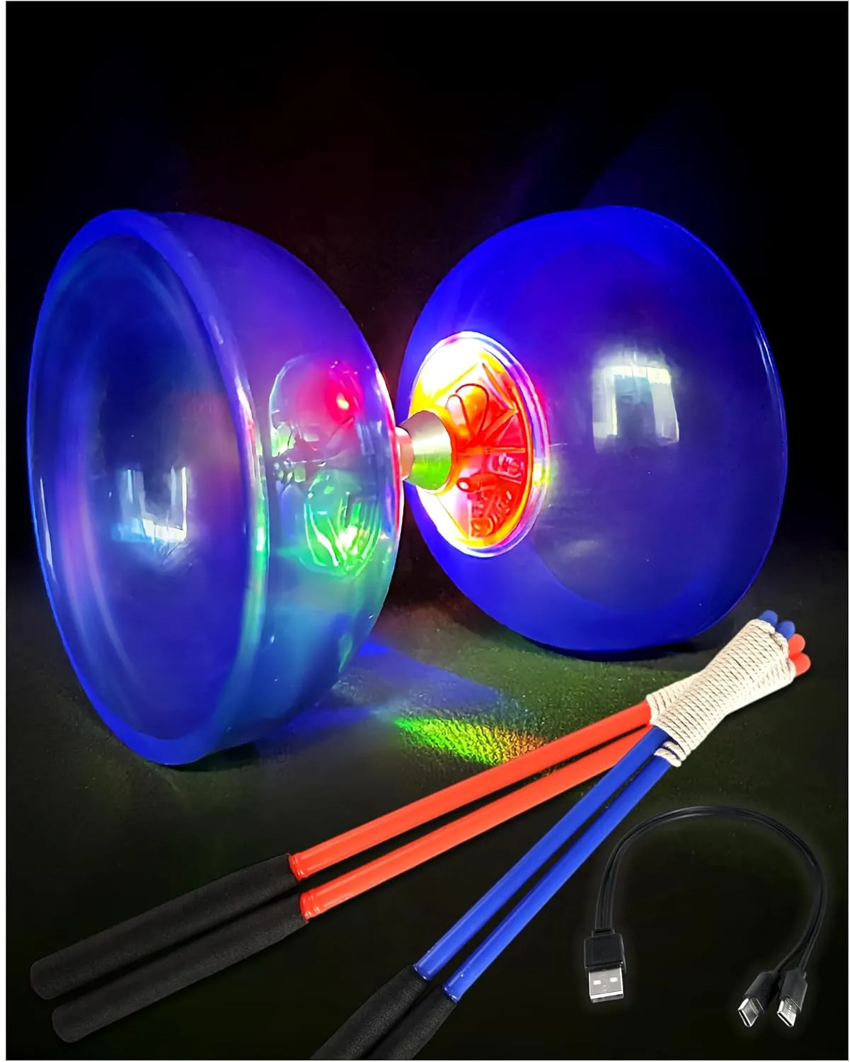 Rechargeable LED Diabolo, Translucent and Impact-Resistant Material, Triple Bearing Design for Smooth Spins, Includes Plastic Hand Sticks & Extra String, Perfect for Beginners and Performers (Blue)