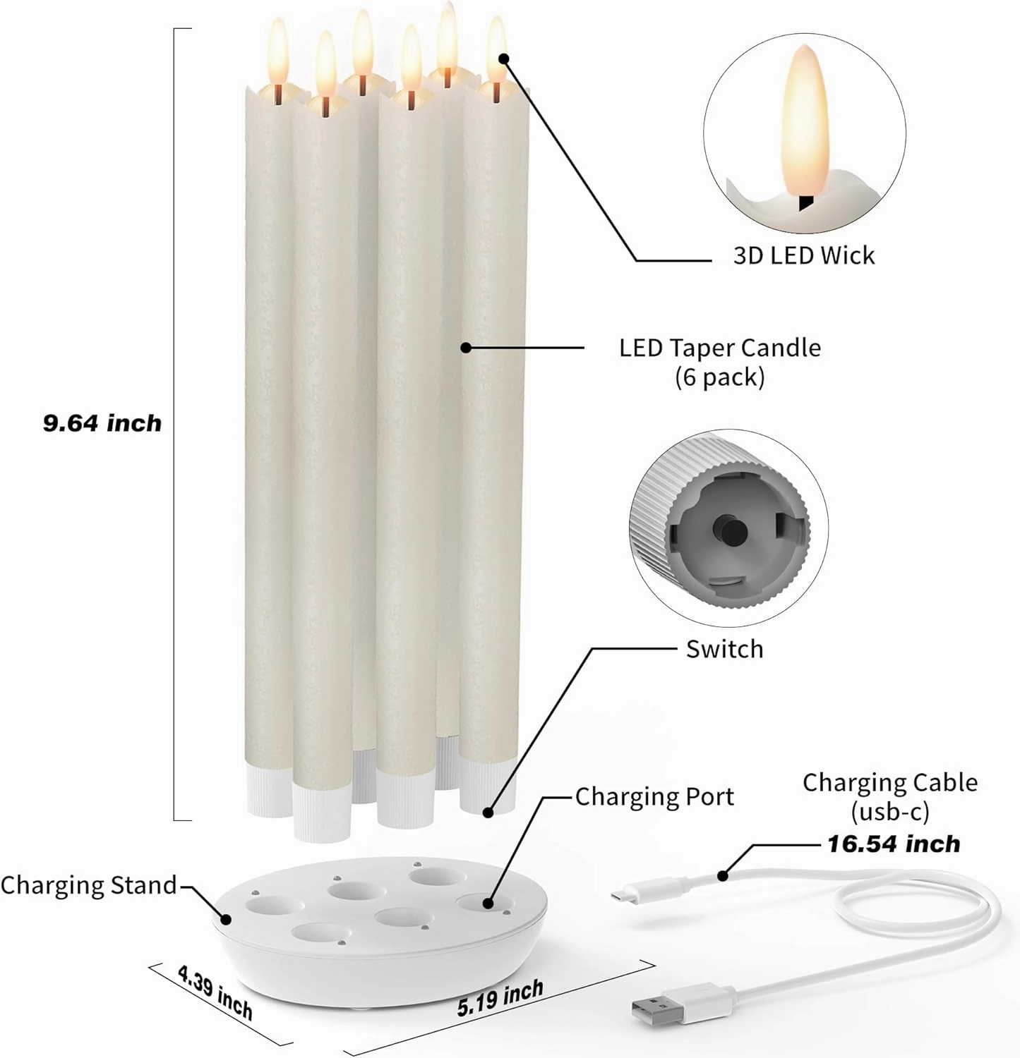 Rechargeable Flameless Taper Candles with Charging Station, 6 Pcs Real Wax LED Taper Candles Flickering with Remote&Timer, 3D Flame Battery Candlesticks for Home Wedding Christmas Decor (Ivory)