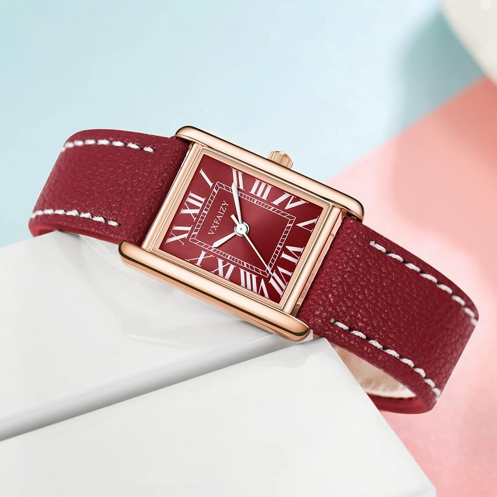 Rectangular Watch for Women with Vintage Roman Number and Leather Strap