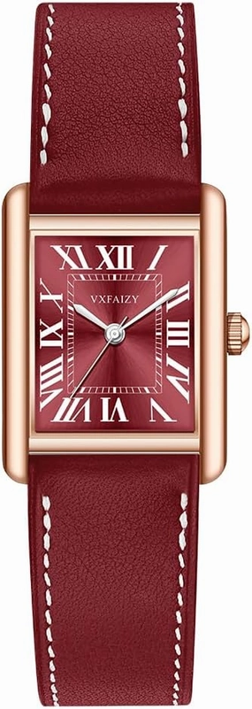 Rectangular Watch for Women with Vintage Roman Number and Leather Strap