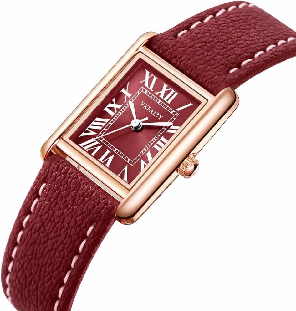 Rectangular Watch for Women with Vintage Roman Number and Leather Strap