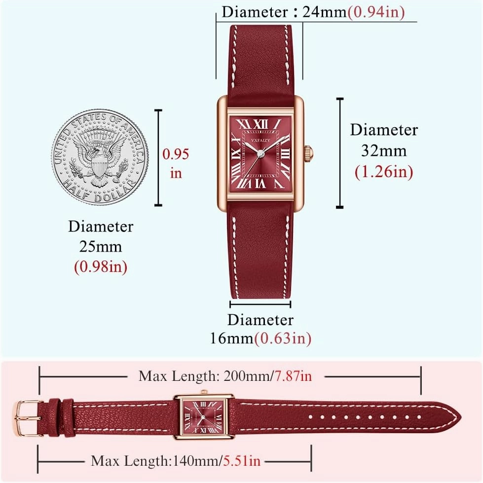 Rectangular Watch for Women with Vintage Roman Number and Leather Strap