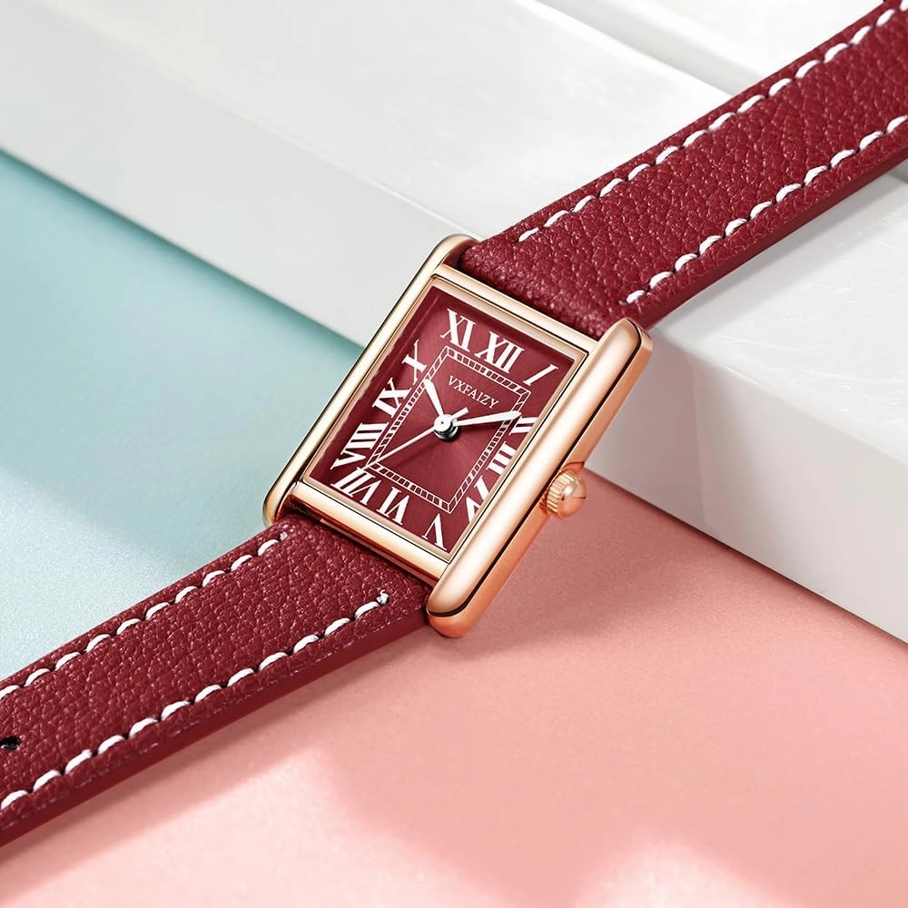 Rectangular Watch for Women with Vintage Roman Number and Leather Strap